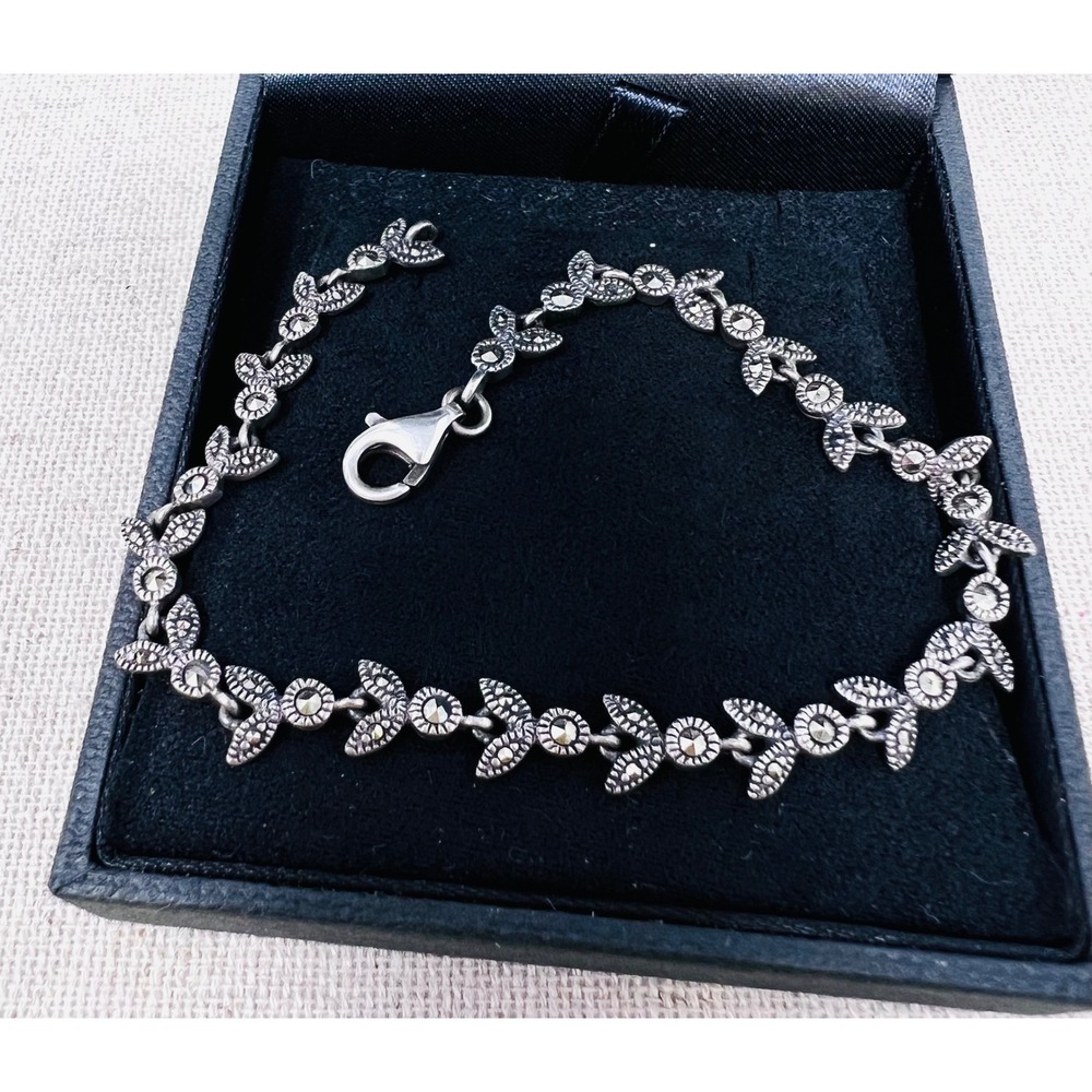 Sterling Silver Marcasite Floral Leaf Link Bracelet 7.5 Inch Vintage Style